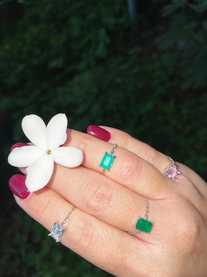 anello regolabile a catena argento 925 con pietra tourmalina acquamarina - Immagine 1 di 4