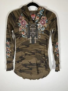 Johnny Was green camo aztec embroidered thermal hoodie XS boho hippie - Picture 1 of 7