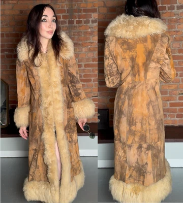 Vtg 60s 70s Penny Lane TIE DYE Hippie SHEARLING CARNABY MOD Fur Afghan coat S XS - Image 1 of 4