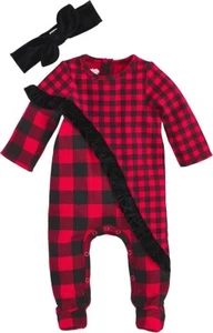 Mud Pie Baby Girl Check Velvet Ruffle Footed Sleeper & Headband Set S 6-9 M NEW - Picture 1 of 1