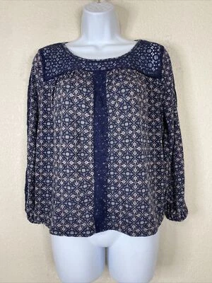 Xhilaration Womens Size M Blue Boho Knit Lace Embellished Blouse Long Sleeve - Image 1 of 4