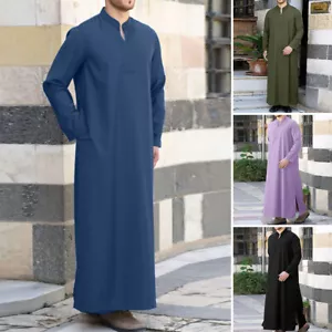 Fashion Mens Muslim Long Sleeve V Neck Kaftan Casual Loose Maxi Dress Tops S-5X - Picture 1 of 15