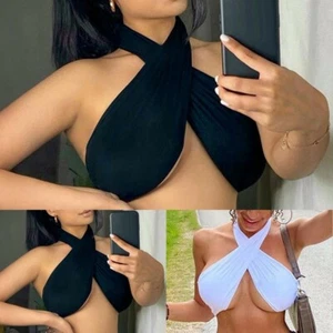 Sexy-Mujeres Halter Top Corto Sin Mangas Prendas para club nocturno Sin espalda Vendaje Chaleco Sujetador sin mangas - Imagen 1 de 14