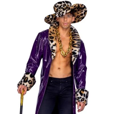 Pimp Costume Long Coat Faux Fur Leopard Print Trim Oversized Hat Purple 6393 - Image 1 of 4