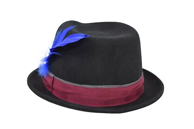 Wigens Nuevo con Etiquetas Fedora en Negro con Cinta Granate y Pluma Azul Talla 60, 7 y 1/2 Foto 1 de 4