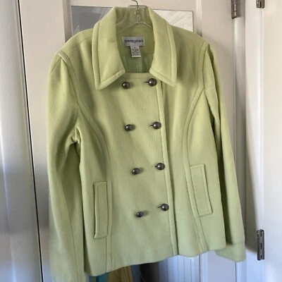 Bloomingdales Women Chartreuse Green Wool  & Cashmere  Pea Coat Size 12 - Image 1 of 4