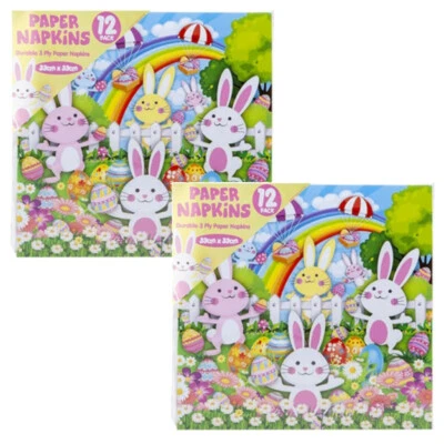 PACK OF 24 EASTER BUNNY PAPER NAPKINS COLOURFUL CHILDRENS PARTY TABLEWARE - Image 1 of 2