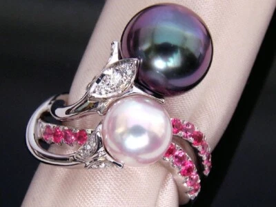 Anillo MIKIMOTO Perla Labio Negro 11.2mm Perla Akoya 8.3mm Espinela Diamante Pt950 Foto 1 de 4