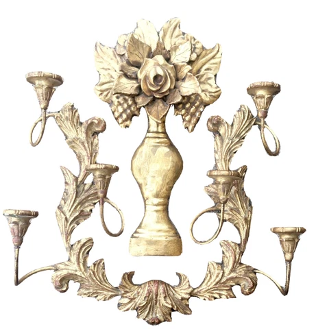 Palladio 24" Hand Craved Gold Gilt Wood Candle Sconces & Plaque Vintage Italy Cover