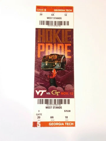 2016 Virginia Tech Hokies Georgia Tech Football Ticket Stub Cover