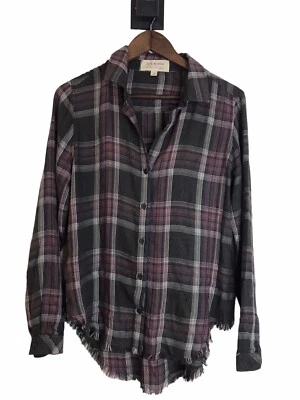Cloth & Stone 女式衬衫中号纽扣紫色灰色格子磨损下摆 — 第 1/4 张图片