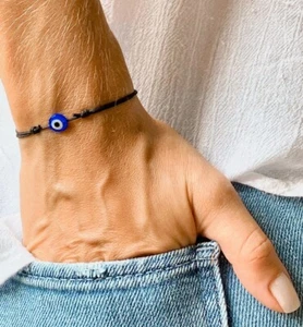 Bracciale Blu Malocchio Nero Corde Occhio Turco Corda Surfer Donna Regalo Uomo USA - Foto 1 di 9