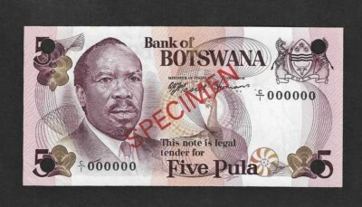 Botsuana p-3, UNC, 5 Pula, 1976, ¡ESPECIMEN!! Foto 1 de 2