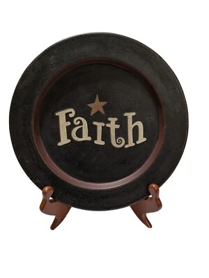 Decorative "FAITH" 10 in. Diameter Black Primitive Plate w/Light Brown Stand - Image 1 of 4
