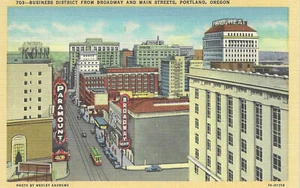 c1940 Portland OR Oregon ~ Business District from Broadway & Main Postcard UNP - Picture 1 of 2