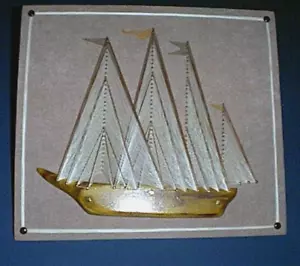 Vintage Saitenkunst großer Schoner Schiff Segelboot 14"" x 16"" Wandkunst nautisches Dekor - Bild 1 von 5