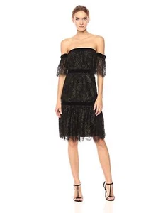 /LX029/ Nanette Lepore Off-the-shoulder Lace Velvet Trim Dress Black Sz 14 $179 - Picture 1 of 2