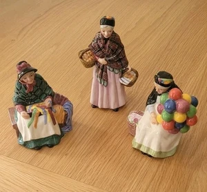 3 Royal Doulton Min Street Vendors Old Balloon Seller Orange Lady Silk & Ribbons - Picture 1 of 7