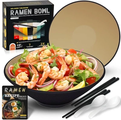 🍜 NUEVO 2 piezas Juego de cuencos de ramen melamina con palillos y cucharas negro-caqui 🍜 Foto 1 de 3