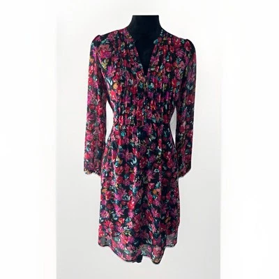 MSK 长袖 V 领花卉及膝连衣裙 10 P 码多色雪纺 — 第 1/4 张图片