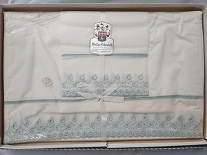 Antique 1920s Mollye Lilienfeld Designer Sheet Set Aqua Fine Percale NOS Luxury - Picture 1 of 9