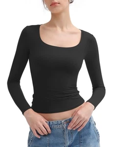 Women's Long Sleeve T Shirts Scoop Neck Slim Fit Going Out Tops Double Lined ... - Picture 1 of 6