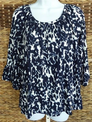 MICHAEL KORS TOP MUJER AZUL MEDIANOCHE ESTAMPADO ABSTRACTO 3/4 MANGA ACAMPANADA M NUEVO CON ETIQUETAS $88 Foto 1 de 4