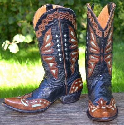 Old Gringo Monarca Black Brown Teal BUTTERFLY Wingtip Cowgirl Western Boots 8B - Image 1 of 4