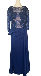 Alberto Makali Dress Size 14 Mother of the Bride Navy Blue Lace Beige Underlay - Picture 1 of 11