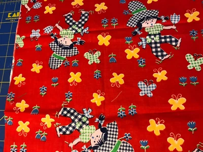 F-23-9-62 Vintage Fabric-Gingham girls & butterflies on red-20 x 28" Remnant - Image 1 of 2