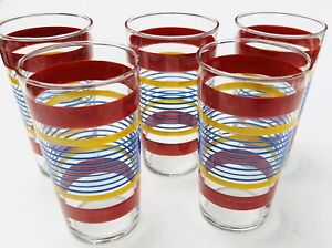 Libbey FIESTA Striped Drinking 5 Red, Yellow, Blue Juice Glasses