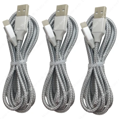 USB-кабель 6/10 футов для iPhone 13 12 11 Pro XR 8 сверхпрочный шнур для зарядки лот упаковка 3 шт. - Изображение 1 из 4