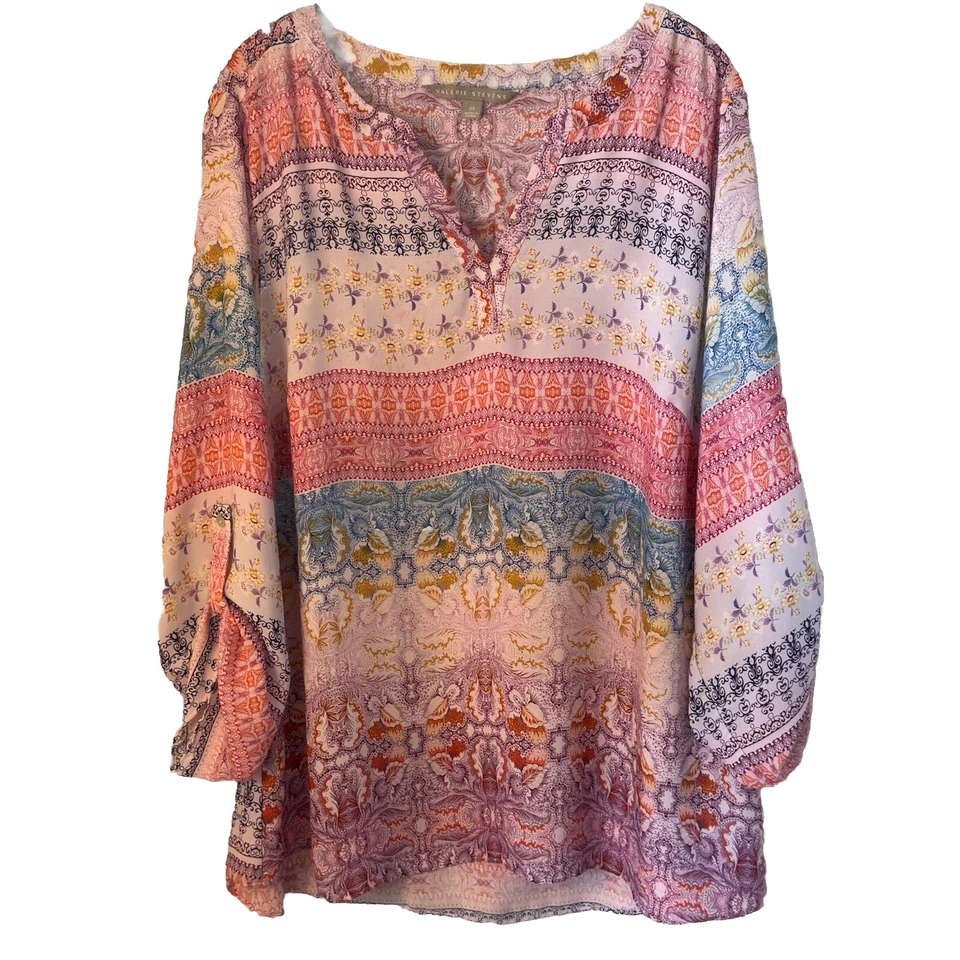 Top romántico floral cuello en V lengüetas manga larga VALERIE STEVENS para mujer talla 2X Foto 1 de 4