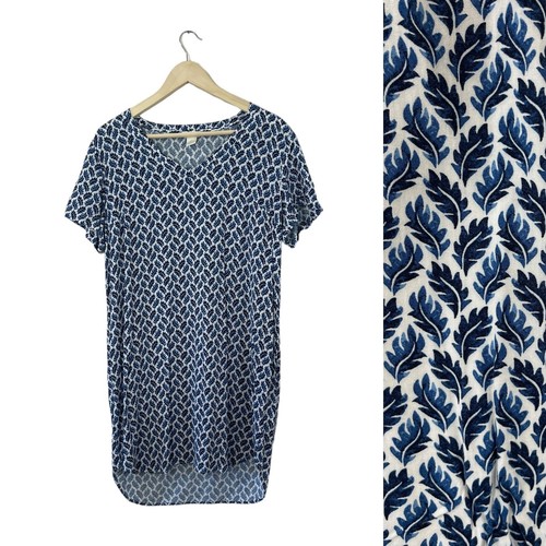 VETEMENTS H&M 8 Vestito Pullover Manica Corta Blu Bianco Foglia Scollo a V Lunghezza Ginocchio Donna