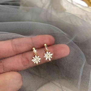 Gold Flower Daisy Pave CZ Dangle Drop Stud Earrings