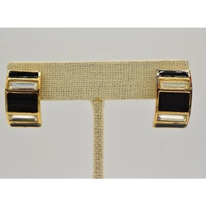 Givenchy Vintage Crystal Earrings Baguette Hoops Gold Black Enamel Signed BinAB - Picture 1 of 12