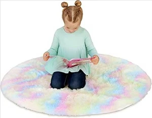 Fluffy Rug 4ft - Plush Round Carpet for Kids' Playroom Bedroom Rainbow Unicorn - Picture 1 of 4