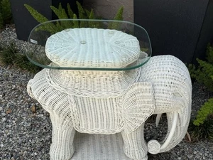 Vintage Boho Wicker Rattan Elephant Side Table W/Polished Edge Glass Top Seedesc - Picture 1 of 12