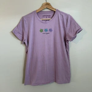 Camiseta púrpura LIFE IS GOOD para mujer talla mediana tres 3 flores cuello en V SS - Imagen 1 de 5