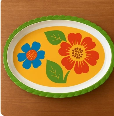 Bandeja para servir de plástico floral de inspiración retro 16”x11” ovalada  Foto 1 de 3