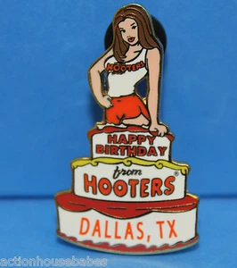 DALLAS, TX  HAPPY BIRTHDAY PARTY CAKE FROM HOOTERS, WAITRESS GIRL LAPEL PIN - Picture 1 of 1