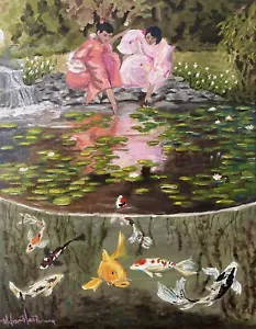 Pintura Acrílica Original Estanque Koi Decoración Japonesa Lirio Estanque Pintura Bellas Artes - Imagen 1 de 4