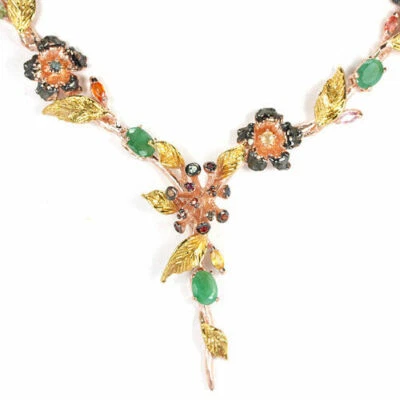 Smaragd Saphir Collier Halskette 925 Silber 585 tricolor vergoldet - Bild 1 von 3