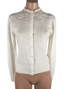 VTG 50s Colleen Hi-Bulk Virgin Orlon Beaded Shells Grandma Cardigan Sweater sz S - Picture 1 of 7