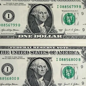Rollover Pair Fancy Serial Number 1 Dollar Bill 6799 6800 Crisp Lot of 2 #R0015 - Picture 1 of 5