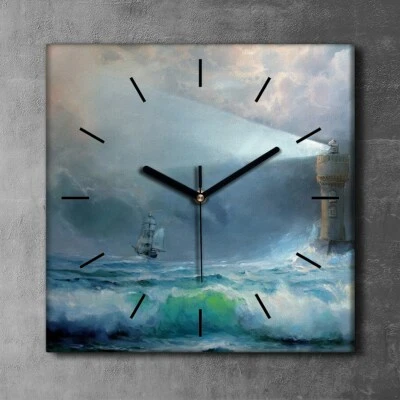 Dekor Leinwand Uhr Wandbilder Geräuschlos 30x30 Meeres sturm wellen Leuchtturm - Bild 1 von 4