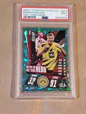 2020-21 Match Attax UCL Erling Haaland # HT4 Hat Trick Hero PSA 9 (Low Pop) - Image 1 of 4