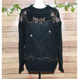 Vintage Extra Touch Black & Gold Knit Sweater Size 20W Dangle Coins Bows - Picture 1 of 10