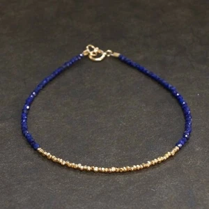 Gold Plated & Lapis Lazuli Faceted Rondelle Gemstone Beaded Women Bracelet 6-8" - Picture 1 of 8