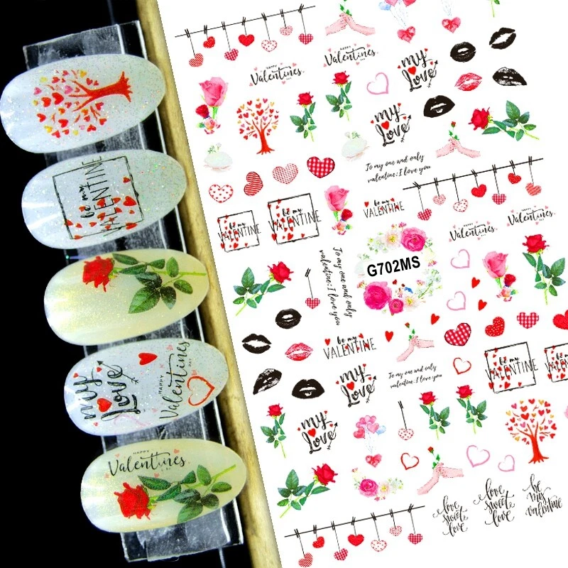 Pegatina de uñas corazón oso labios rojos día de San Valentín rosa gatos enamorados mano a mano  Foto 1 de 1